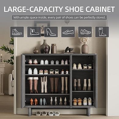 Farmhouse Shoe Storage Bench with Fluted Doors, Adjustable Shelves for Hallway