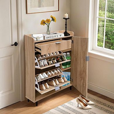 Slim Elegant Shoe Storage Cabinet with Adjustable Shelves & Metal Legs for Hallway & Entryway