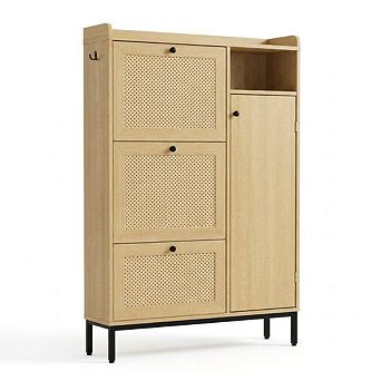 Rattan Entryway Shoe Cabinet with 3 Flip Drawers, Adjustable & Open Side Shelves