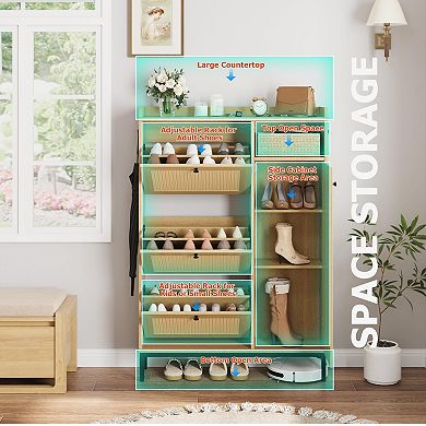 Rattan Entryway Shoe Cabinet with 3 Flip Drawers, Adjustable & Open Side Shelves