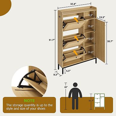 Rattan Entryway Shoe Cabinet with 3 Flip Drawers, Adjustable & Open Side Shelves