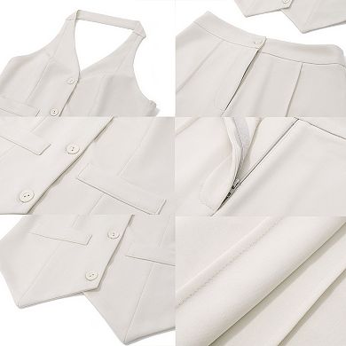 Women's Halter Vest Mini Skirt 2 Piece Outfit Sleeveless Button Down Waistcoat Set