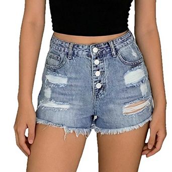 Women's High Waist Denim Shorts, Button Fly Distressed Frayed Hem Casual Hot Shorts