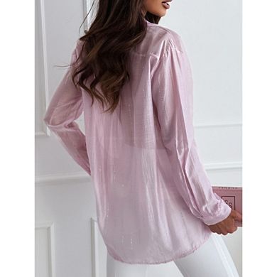 Women's Sparkle Button-Down Shirt Sheer Long Sleeve Loose Blouse for Casual
