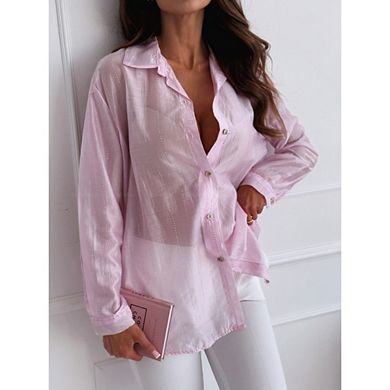 Women's Sparkle Button-Down Shirt Sheer Long Sleeve Loose Blouse for Casual
