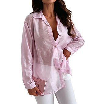 Women's Sparkle Button-Down Shirt Sheer Long Sleeve Loose Blouse for Casual