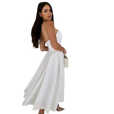 Women's Strapless Off Shoulder Flowy a Line Midi Dress for Wedding Guest & Party