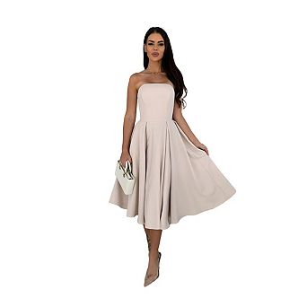 Women's Strapless Off Shoulder Flowy a Line Midi Dress for Wedding Guest & Party