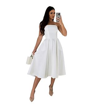 Women's Strapless Off Shoulder Flowy a Line Midi Dress for Wedding Guest & Party