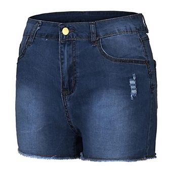 Women's High Waist Stretchy Denim Shorts Slim Fit Distressed Raw Hem Jean Shorts with Pockets