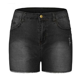 Women's High Waist Stretchy Denim Shorts Slim Fit Distressed Raw Hem Jean Shorts with Pockets