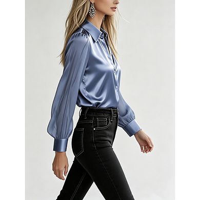 Satin Blouses For Women Casual Long Sleeve Button Down Silk Shirts Dressy Work Tunic Top