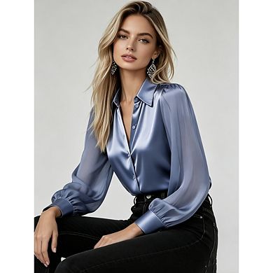 Satin Blouses For Women Casual Long Sleeve Button Down Silk Shirts Dressy Work Tunic Top