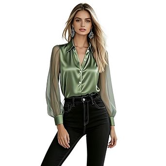 Satin Blouses For Women Casual Long Sleeve Button Down Silk Shirts Dressy Work Tunic Top