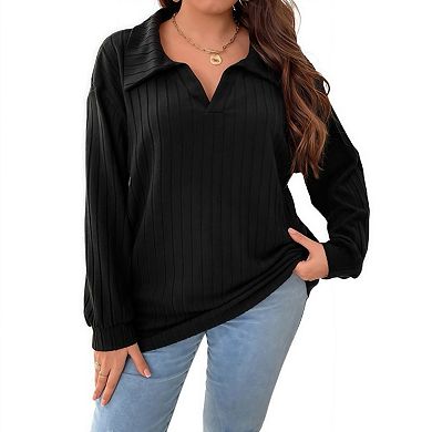 Women's Plus Size v-Neck Lapel Long Sleeve Ribbed Brushed Loose t-Shirt