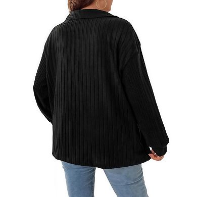 Women's Plus Size v-Neck Lapel Long Sleeve Ribbed Brushed Loose t-Shirt