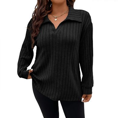 Women's Plus Size v-Neck Lapel Long Sleeve Ribbed Brushed Loose t-Shirt