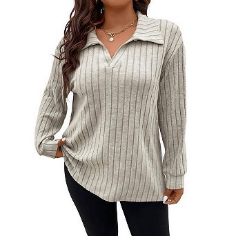 Women's Plus Size v-Neck Lapel Long Sleeve Ribbed Brushed Loose t-Shirt