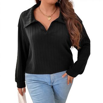 Women's Plus Size v-Neck Lapel Long Sleeve Ribbed Brushed Loose t-Shirt
