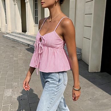 Women's Striped Sleeveless Tank Top Tie Front Adjustable Cross Back Casual Cami Summer Layering