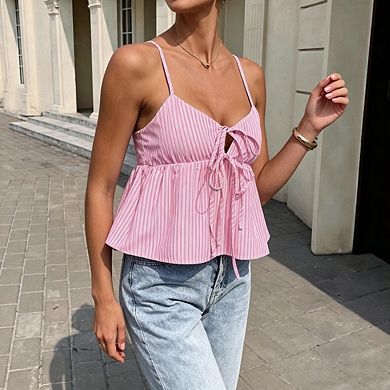 Women's Striped Sleeveless Tank Top Tie Front Adjustable Cross Back Casual Cami Summer Layering