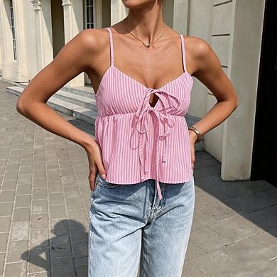 Women's Striped Sleeveless Tank Top Tie Front Adjustable Cross Back Casual Cami Summer Layering