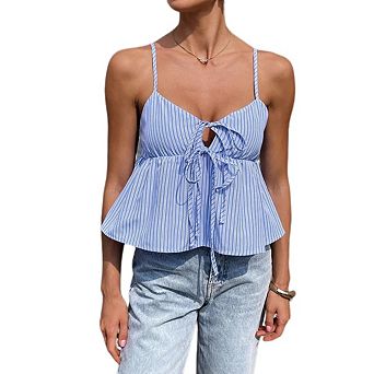 Women's Striped Sleeveless Tank Top Tie Front Adjustable Cross Back Casual Cami Summer Layering