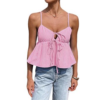 Women's Striped Sleeveless Tank Top Tie Front Adjustable Cross Back Casual Cami Summer Layering