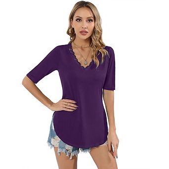 Women Lace V Neck Elbow Length Sleeve Tunic Tops,Casual Curved Hem Loose Fit T Shirts For Daily Wear