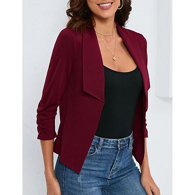 Women's Open Front Blazer Jacket Casual Lapel Ruched 3/4 Sleeve Cropped Cardigan Office Work Tops