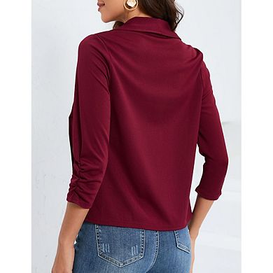 Women's Open Front Blazer Jacket Casual Lapel Ruched 3/4 Sleeve Cropped Cardigan Office Work Tops