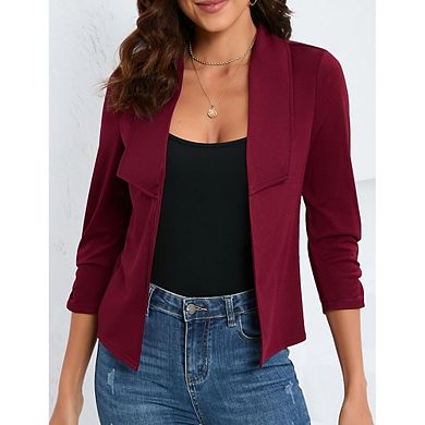 Women's Open Front Blazer Jacket Casual Lapel Ruched 3/4 Sleeve Cropped Cardigan Office Work Tops