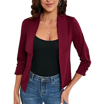 Women's Open Front Blazer Jacket Casual Lapel Ruched 3/4 Sleeve Cropped Cardigan Office Work Tops