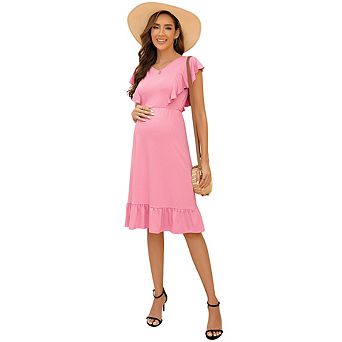 Ruffle Sleeve Maternity Dress Casual Round Neck Waist Tie Midi Dress Elegant Ruffle Hem Summer Dress