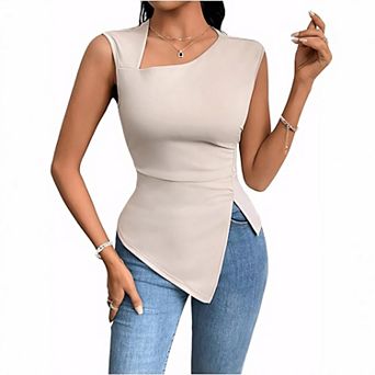 Women's Asymmetric Neck Sleeveless Top Irregular Hem Fitted Trendy Tank Top