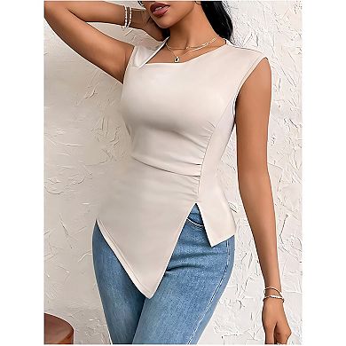 Women's Asymmetric Neck Sleeveless Top Irregular Hem Fitted Trendy Tank Top