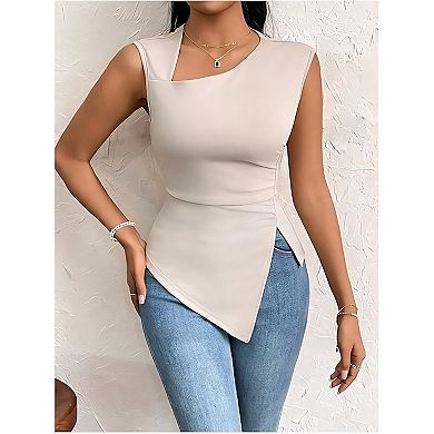 Women's Asymmetric Neck Sleeveless Top Irregular Hem Fitted Trendy Tank Top
