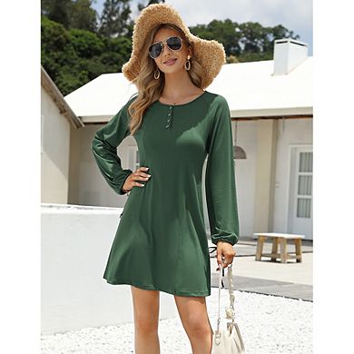 Women Casual Tunic Mini Dress Lantern Sleeve Crew Neck Button Down Loose Dress with Drawstring Cuff