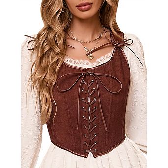 Women's Vintage Corduroy Corset Top Lace Up Back Boned Bustier Crop Top