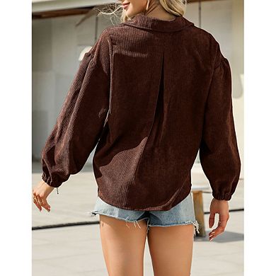 Women's Corduroy Button Down Shirt Jacket, Long Lantern Sleeve Lapel Casual Oversized Shacket Blouse