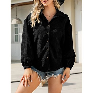 Women's Corduroy Button Down Shirt Jacket, Long Lantern Sleeve Lapel Casual Oversized Shacket Blouse