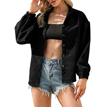 Women's Corduroy Button Down Shirt Jacket, Long Lantern Sleeve Lapel Casual Oversized Shacket Blouse