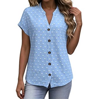 Women's Swiss Dot Shirt Short Sleeve V Neck Casual Blouses Loose Fit Summer Tops