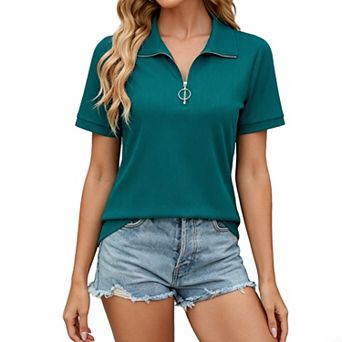 Women's Casual Polo Shirts Short Sleeve Quarter Zip Collared Blouses Loose Fit Tops