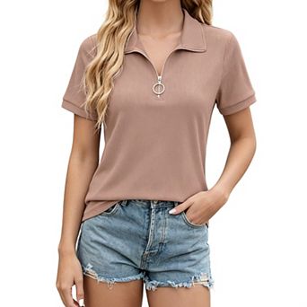 Women's Casual Polo Shirts Short Sleeve Quarter Zip Collared Blouses Loose Fit Tops