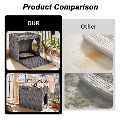 Hidden Handwoven Rattan Cat Litter Box Cabinet with Mat & Partition, Light Frame, Easy Assembly