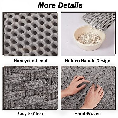 Hidden Handwoven Rattan Cat Litter Box Cabinet with Mat & Partition, Light Frame, Easy Assembly