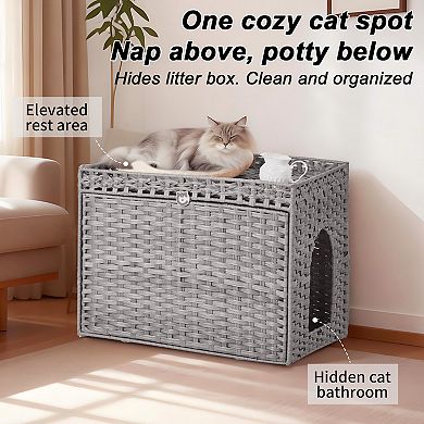 Hidden Handwoven Rattan Cat Litter Box Cabinet with Mat & Partition, Light Frame, Easy Assembly