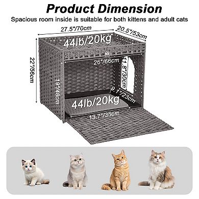 Hidden Handwoven Rattan Cat Litter Box Cabinet with Mat & Partition, Light Frame, Easy Assembly