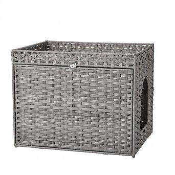 Hidden Handwoven Rattan Cat Litter Box Cabinet with Mat & Partition, Light Frame, Easy Assembly